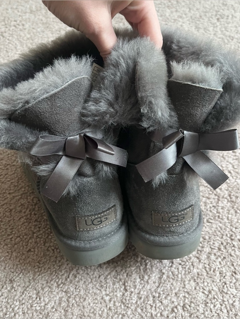 Gray Suede Fur Lined Ugg Boots With Bows Womens Size 9 Preppy Coquette Winter